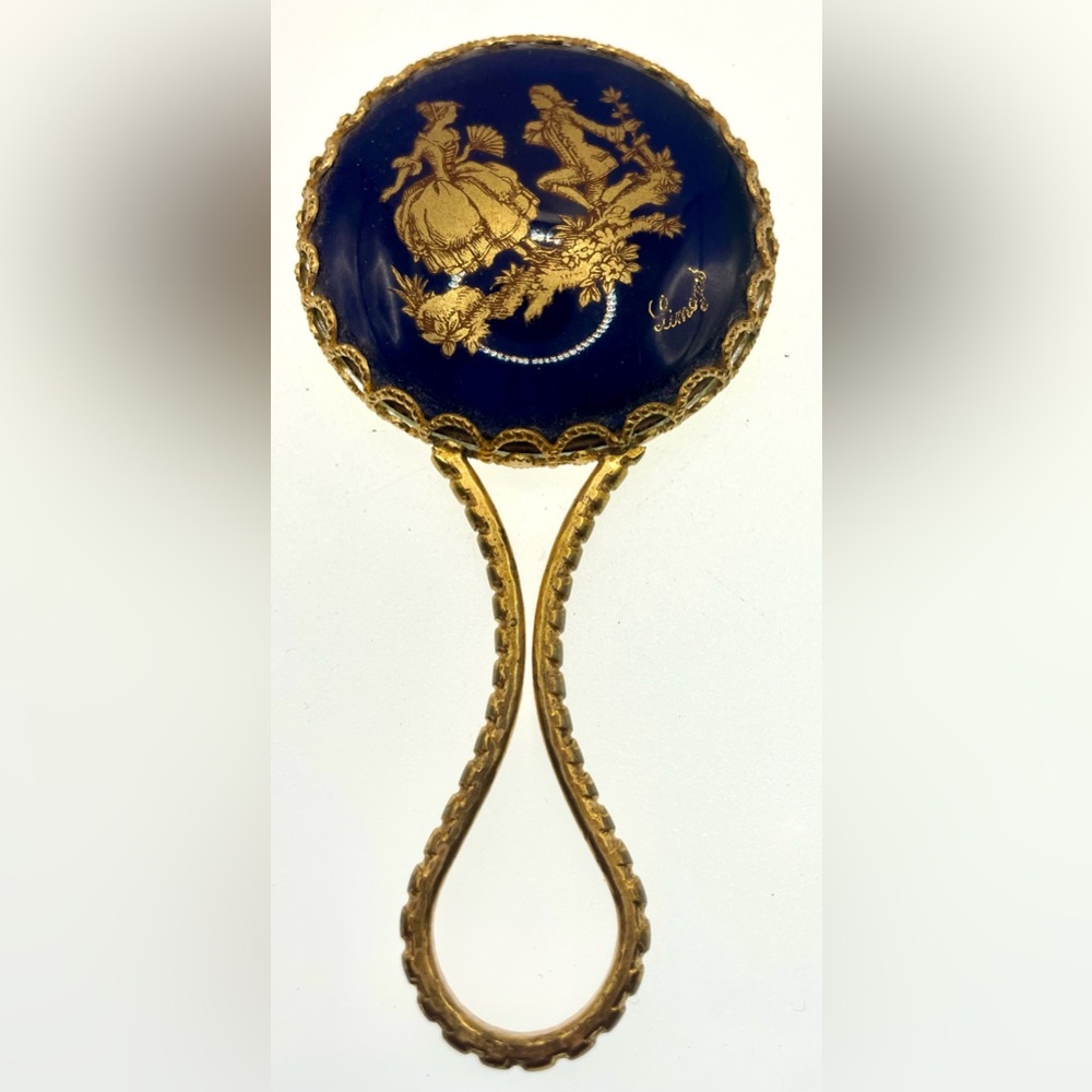 Vintage Limoges Hand Mirror Blue & Gold Porcelain Courting Scene French
